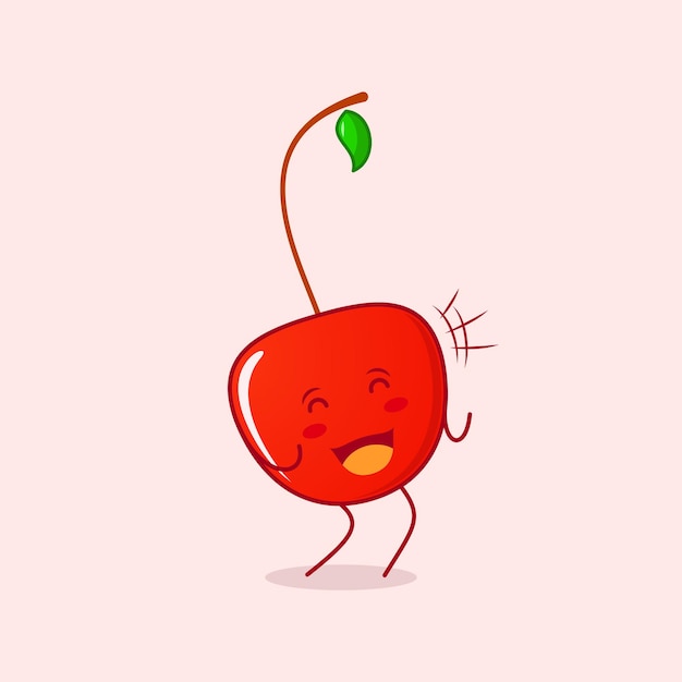 Vector cute cherry cartoon character with happy expression. close eyes and mouth open. used for sticker