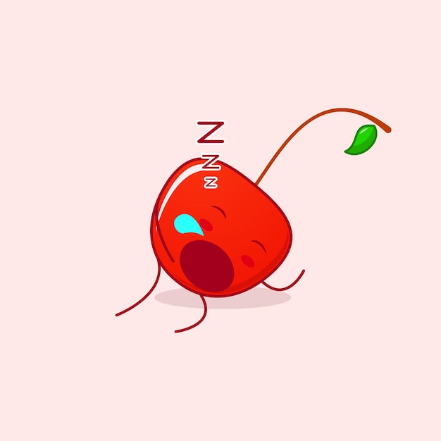 眠っている表情と口を開いたかわいい桜の漫画のキャラクター。緑と赤。絵文字に使用