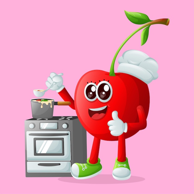 Cute cherry character cooking on a stove