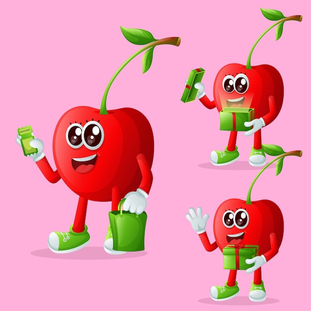 Vector cute cherry characters receiving gifts