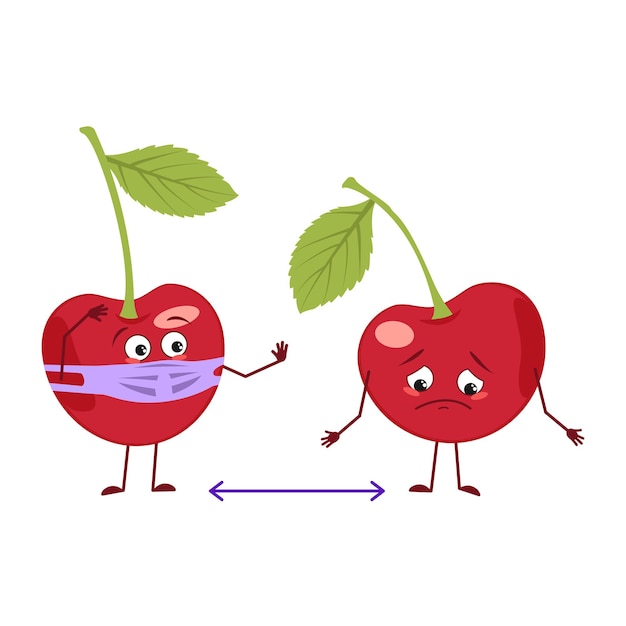 Cute cherry characters with emotions, face and mask keep distance, arms and legs. The funny or sad hero, berry with eyes. Vector flat illustration