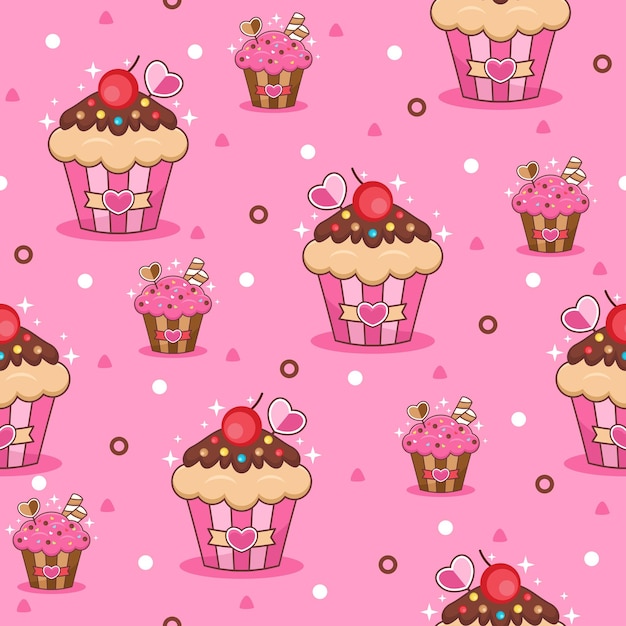 Cute cherry cupcake cartoon vector pattern background