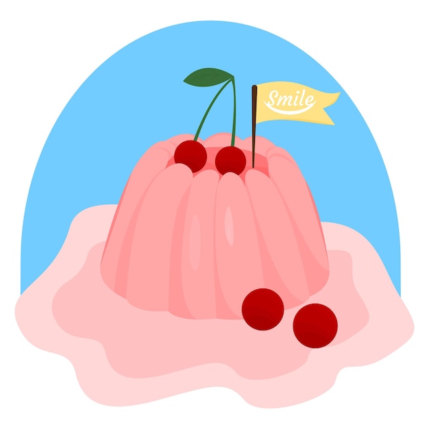 Cute cherry pudding with sweet vanilla cream Vector illustration