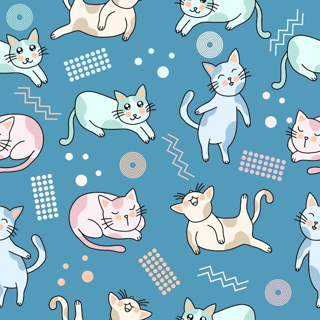 귀여운 꼬마 동물 키티 고양이 아이 들 또는 아기 귀여운 만화에 대 한 원활한 패턴 낙서 Premium 벡터