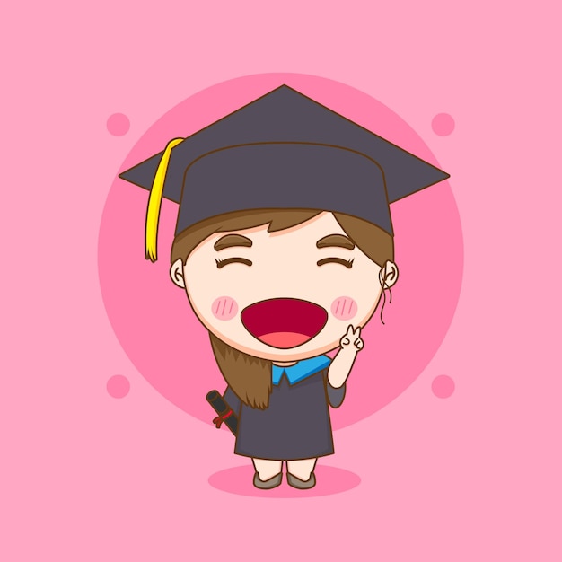 Vector cute chibi character girl student in graduation gown