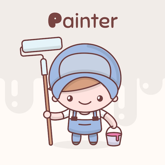 Vector cute chibi kawaii characters. alphabet professions.