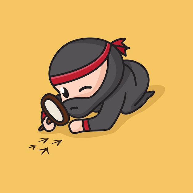 Cute Chibi Ninja Character using magnifying glass