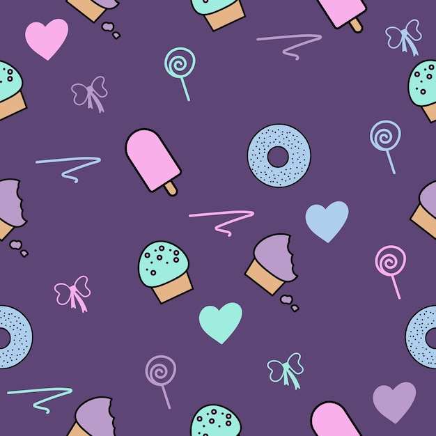 Cute chibi sweet multicolor foods colorful seamless pattern doodle kids baby kawaii premium vector