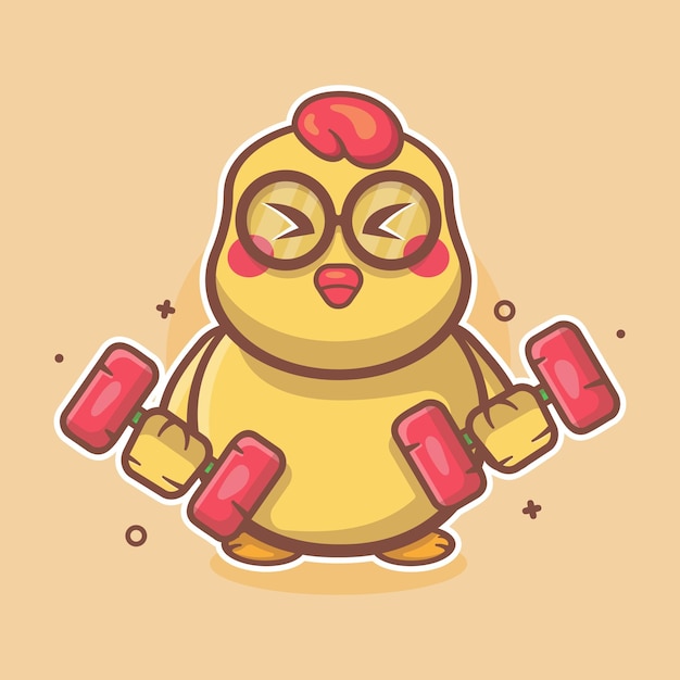 Vector cute chick animal character mascot doing bodybuilding using dumbbell isolated cartoon