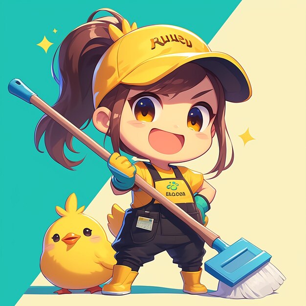 Vector a cute chick janitor cartoon style