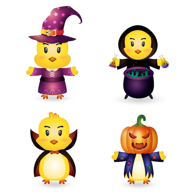 Vector cute chick with costume halloween character collection