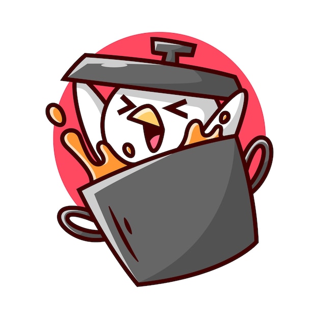 CUTE CHICKEN IN A BLACK BIG POT IS SMILING AND HOLDING THE POT LID HIGH QUALITY CARTON MASCOT DESIGN