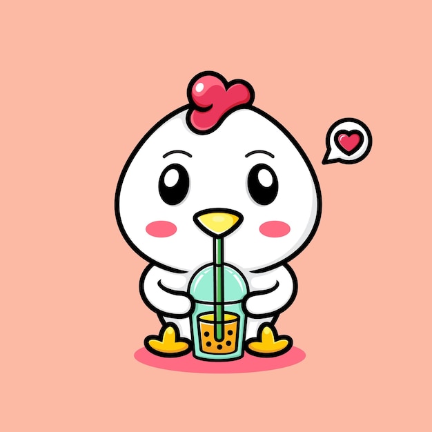 Vector cute chicken cartoon drinking boba