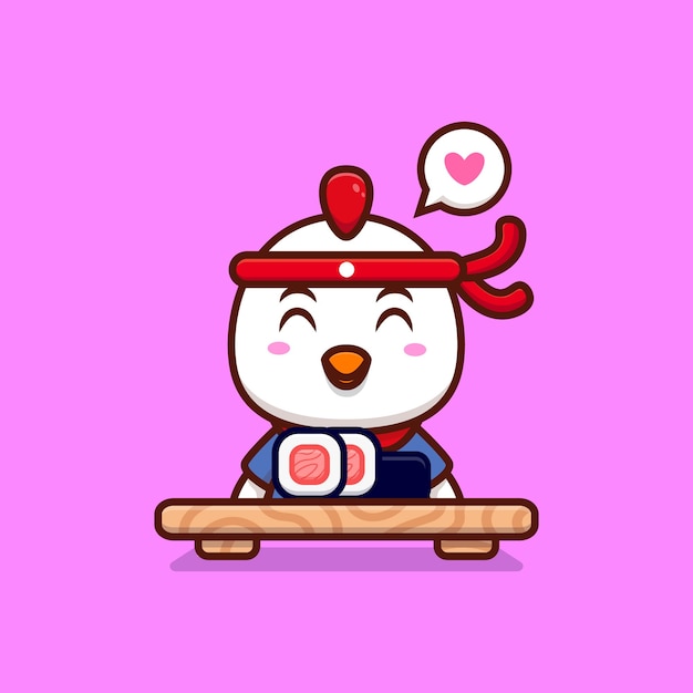 Cute chicken chef make sushi roll cartoon icon illustration