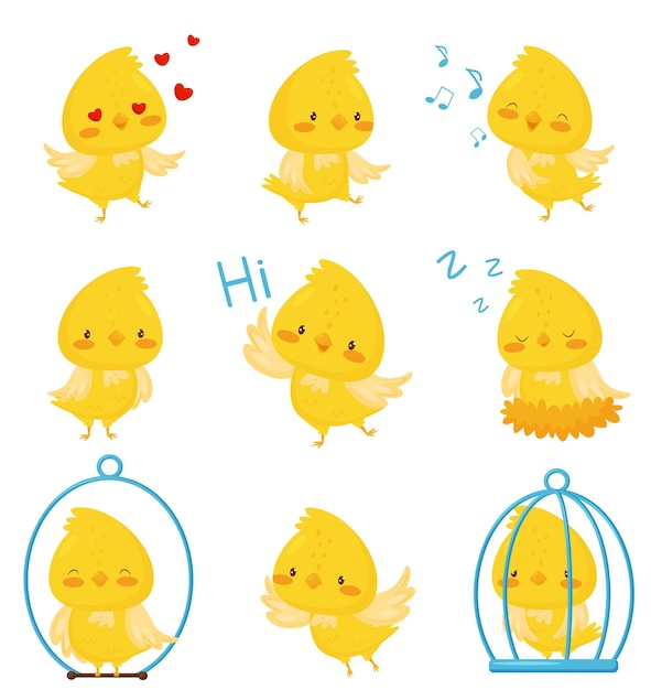 様々な状況で可愛いチキンキャラクターが情緒的に設定された面白い鳥のアニメキャラクターベクトル 白い背景に隔離されたイラスト