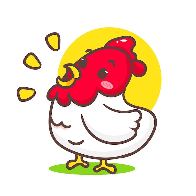 Vector cute chicken crowing cartoon adorable kawaii animal concept design hand drawn mascot and logo