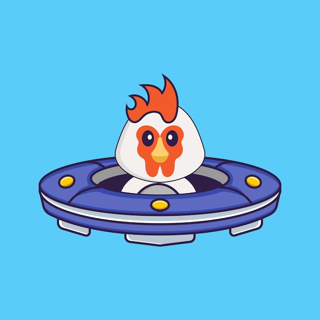 Cute chicken Driving Spaceship Ufo. Animal cartoon concept isolated.