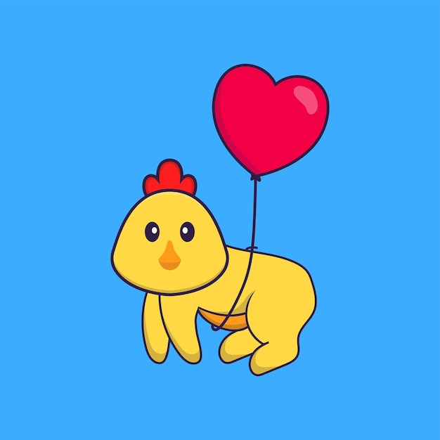 Cute chicken flying with love shaped balloons. Animal cartoon concept isolated. Flat Cartoon Style