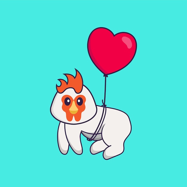愛の形をした風船で飛んでいるかわいい鶏。分離された動物漫画の概念。フラット漫画スタイル