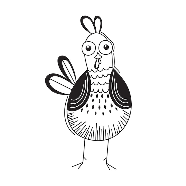 귀여운 닭 만화 스타일의 손으로 그린 새 라인 아트 낙서 자세한 장식 그림