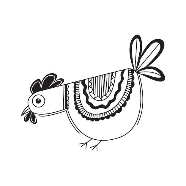 Симпатичная курица Ручной рисунок птицы в мультяшном стиле Линия искусства каракули Вектор изолирован