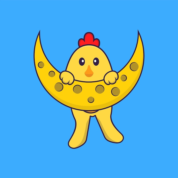 Cute chicken is on the moon. Animal cartoon concept isolated. Flat Cartoon Style