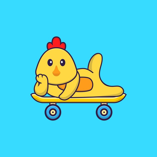 Cute chicken lying on a skateboard animal cartoon concept isolated