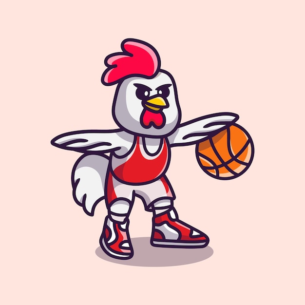 Vector cute chicken playing basketball illustration