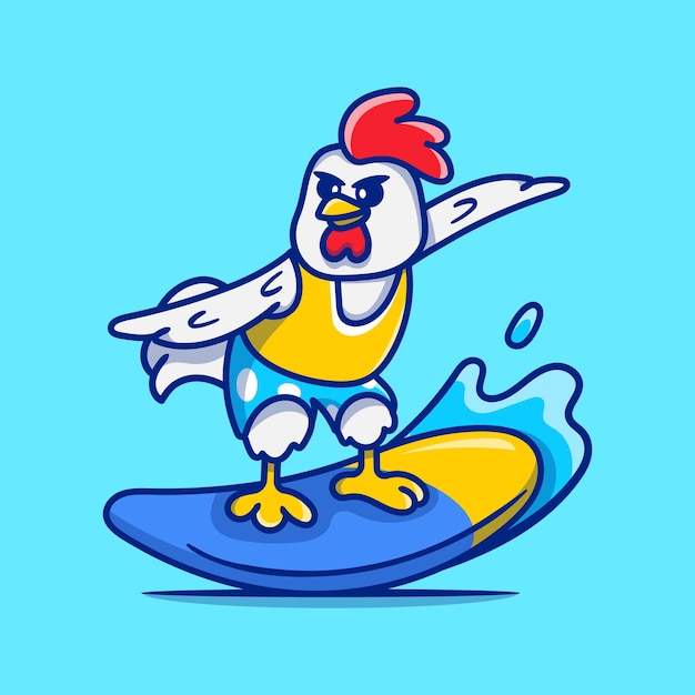 Cute chicken playing surfing illustration