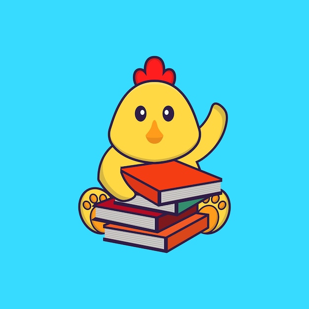 책을 읽고 귀여운 닭 동물 만화 개념 절연