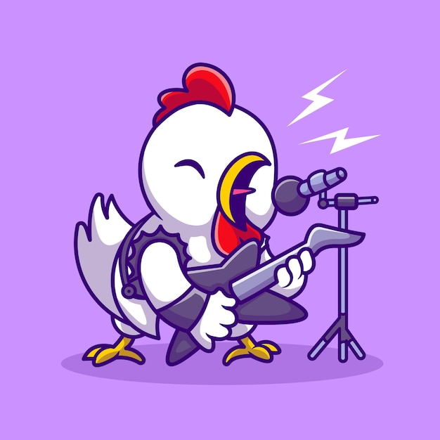 Il rocker sveglio del pollo canta con l'illustrazione dell'icona di vettore del fumetto della chitarra. concetto di icona di musica animale isolato vettore premium. stile cartone animato piatto