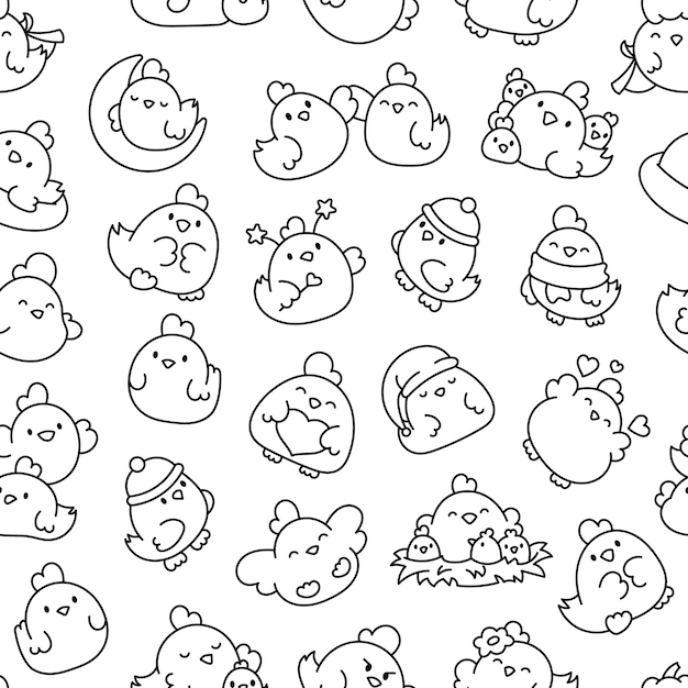 Cute chicken Seamless pattern Coloring Page