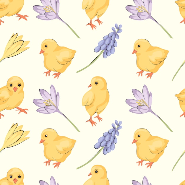 Cute chicken seamless pattern Easter yellow baby chickens on white background