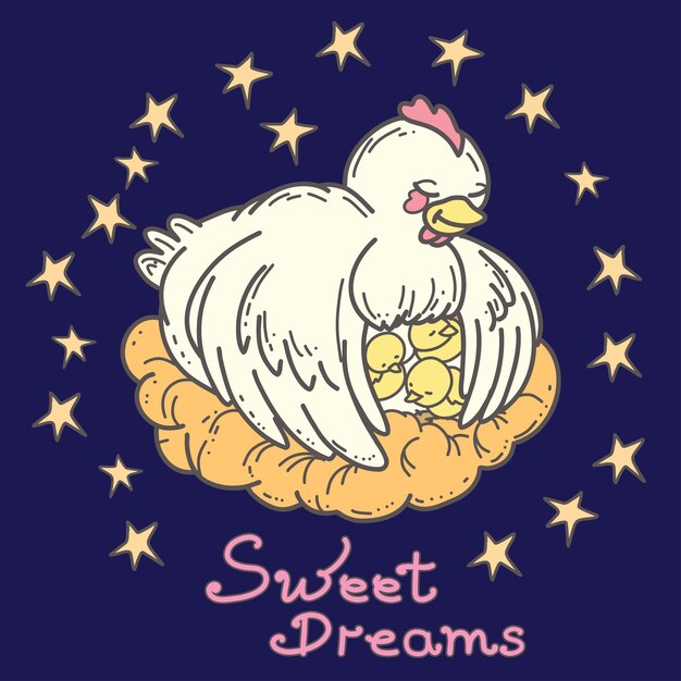 Cute chicken sleeps on a cloud hand drawn on the theme of sleep doodle