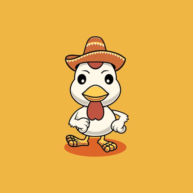 Vector cute chicken with sombrero hat cartoon illustration