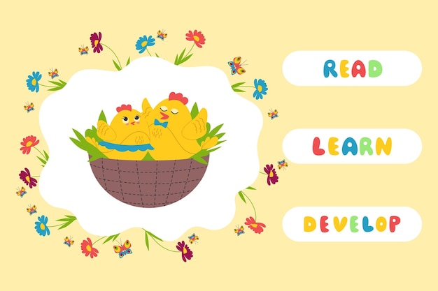 Cute chickens Educational games for kids Read Learn Develop banner Vector illustration