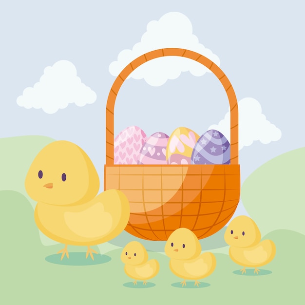 Cute chickens with basket and eggs of easter