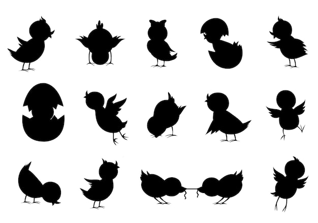 Cute chicks cartoon Easter baby chickens with eggs isolated Vectors Silhouette