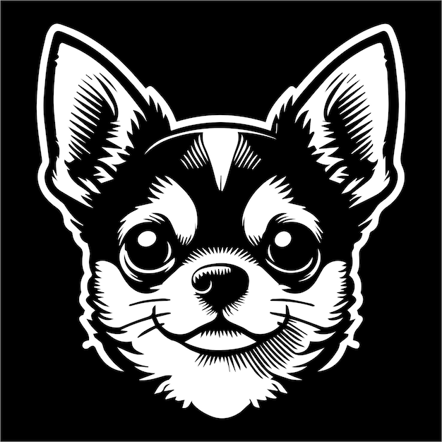 Vector cute chihuahua dog head illustration black and white