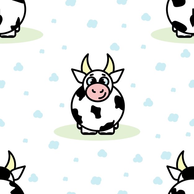 Vector cute child cartoon seamless pattern of cow and clouds on white background. vector illustration