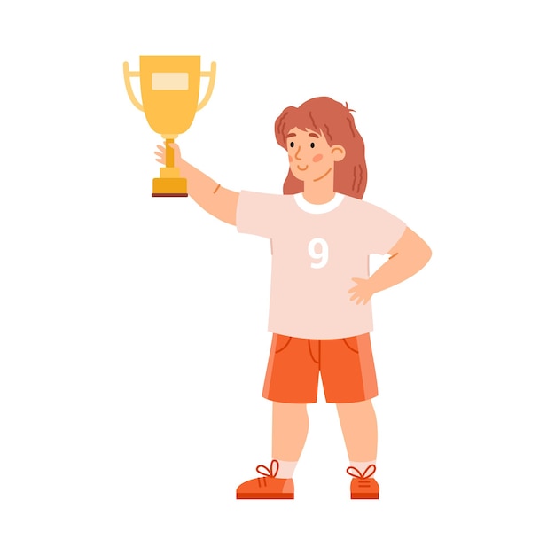 Cute child girl holding gold trophy prize flat vector illustration isolated