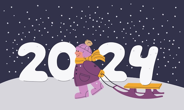 Cute child is sledding the snow figures of 2024 Christmas and New Year illustration for the design of cards banners stickers Vector cartoon isolated illustration