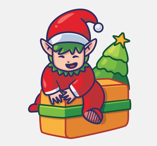 Cute child sitting on giant gift isolated cartoon person christmas illustration flat style