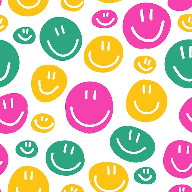 Cute childish bright seamless pattern with circles with smiley face Vector texture y2k aesthetic