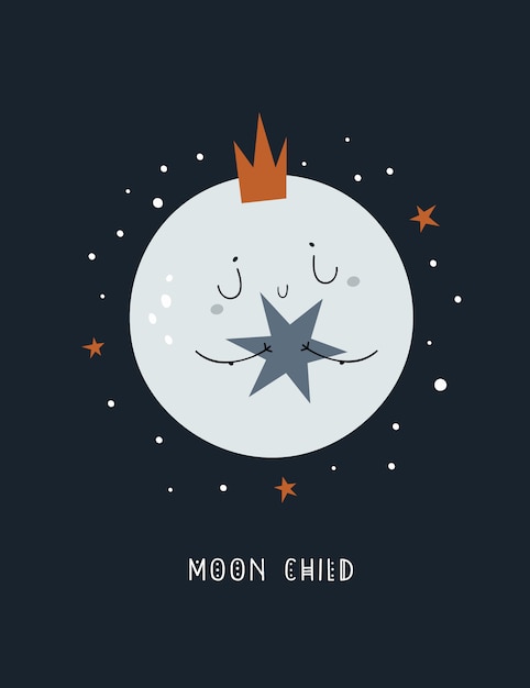 Cute childish cartoon baby moon in crown with star