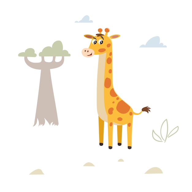 Vector cute childish cartoon little giraffe in the savannah simple preschool design template best for cloth print and party designs vector illustration