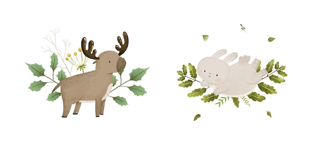 Cute childish composition with forest animal and leaves plants design and print