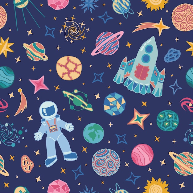 Cute childish cosmic vector seamless pattern with cosmonaut rocket planets sun comets stars