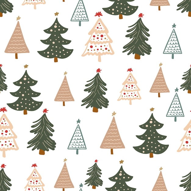 귀여운 유치 축제 원활한 패턴 배경 간단한 미니멀 크리스마스 트리 손으로 그린 낙서