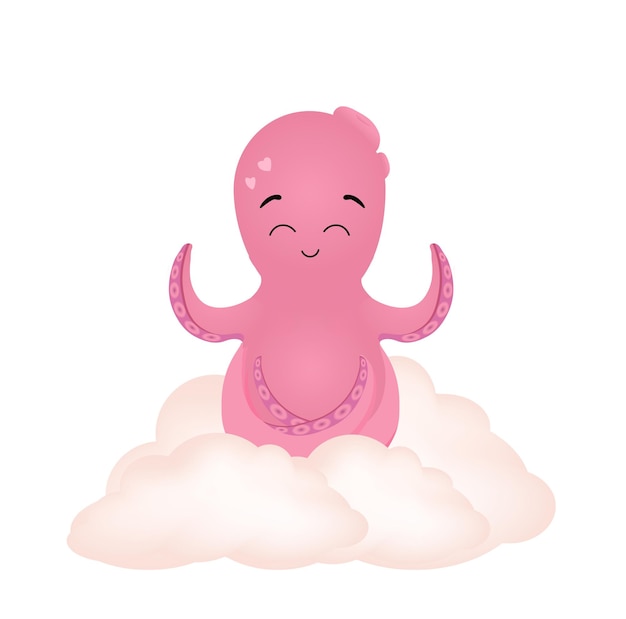 Cute childish octopus character print. Pink octopus on a cloud. Clipart for children's design.